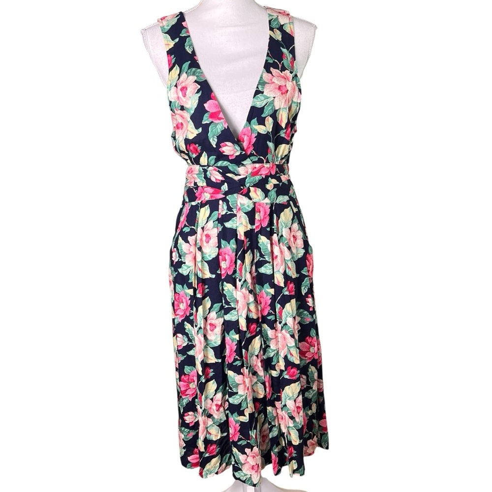 Vintage RJ Stevens Rayon Jumper Dress by Carol Escritor Size 8 Midi Floral Blue